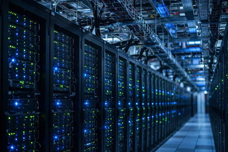 Rows of server racks with blinking lights inside a cutting edge AI data center server hall