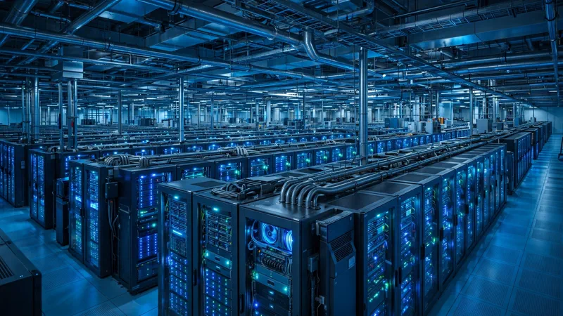 Rows of glowing server racks inside a modern AI data center