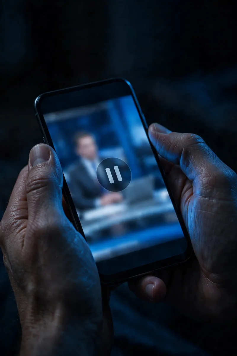 Hands holding a glowing smartphone in a dark room, reflecting a paused local news broadcast as the Jaime West clip spreads online