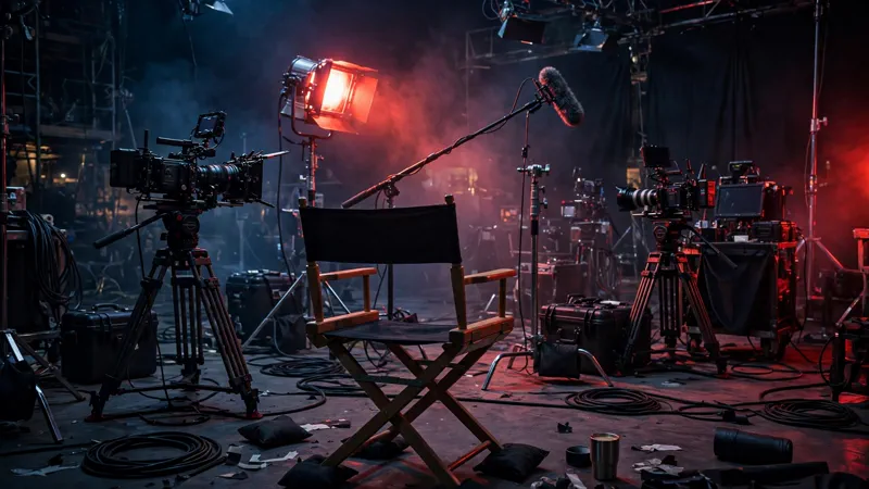 Film set at night with cameras and an empty director's chair