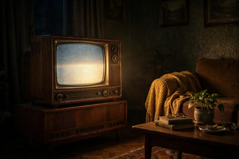 A vintage television glowing in a dark room