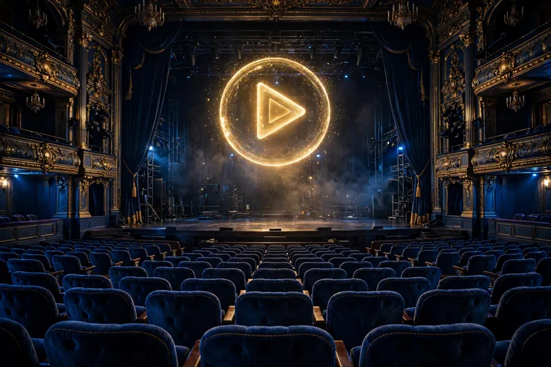 A glowing gold play button hologram floating above an empty theater stage
