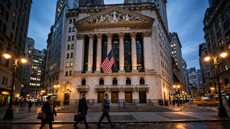 The New York Stock Exchange facade on Wall Street at dusk
