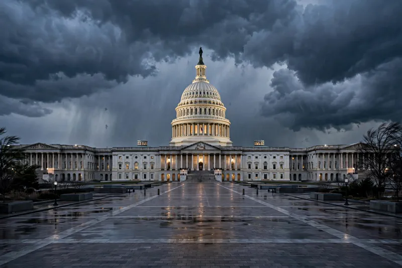 The US Capitol at dusk under storm clouds as Congress reacts to Trump's sanctions waiver.