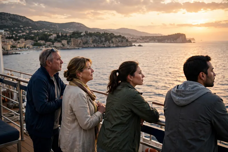 Cruise passengers standing at the ship railing looking out at the sea at sunset