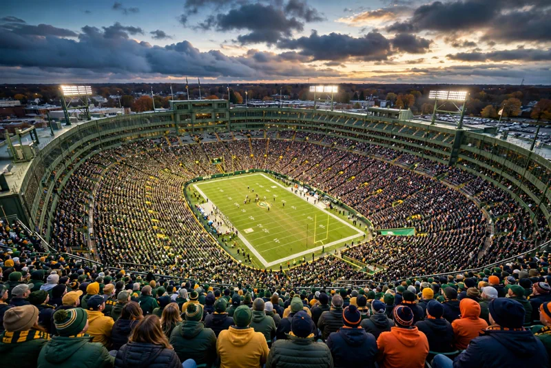 Lambeau Field packed with fans at dusk ahead of the Bears vs Packers rivalry game