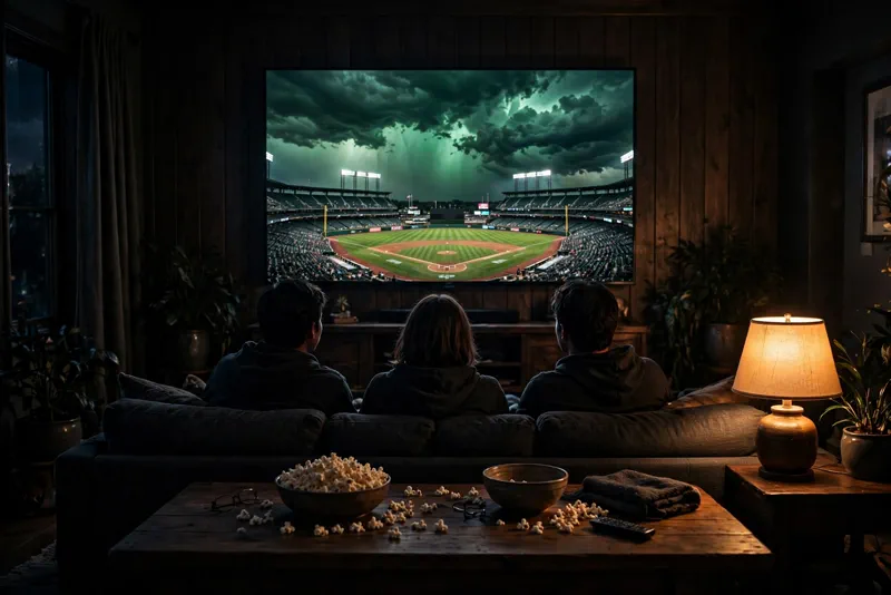 Fans on a couch in a dark living room watching a TV showing a baseball stadium under a green storm sky during World Series Game 1