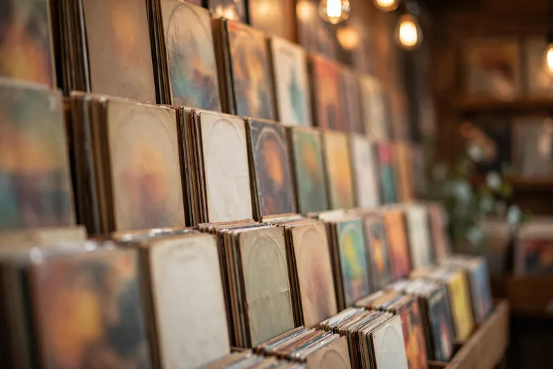 Wall of vintage vinyl records displayed in a record store