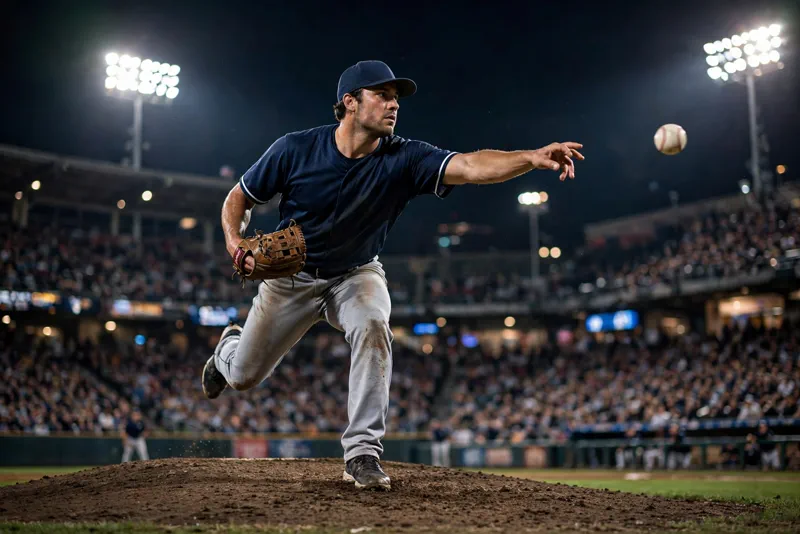 Pitcher on the mound under stadium lights during the ALCS