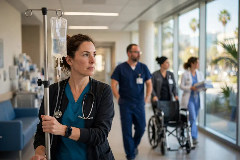 Nurses and medical staff in a busy California hospital hallway.