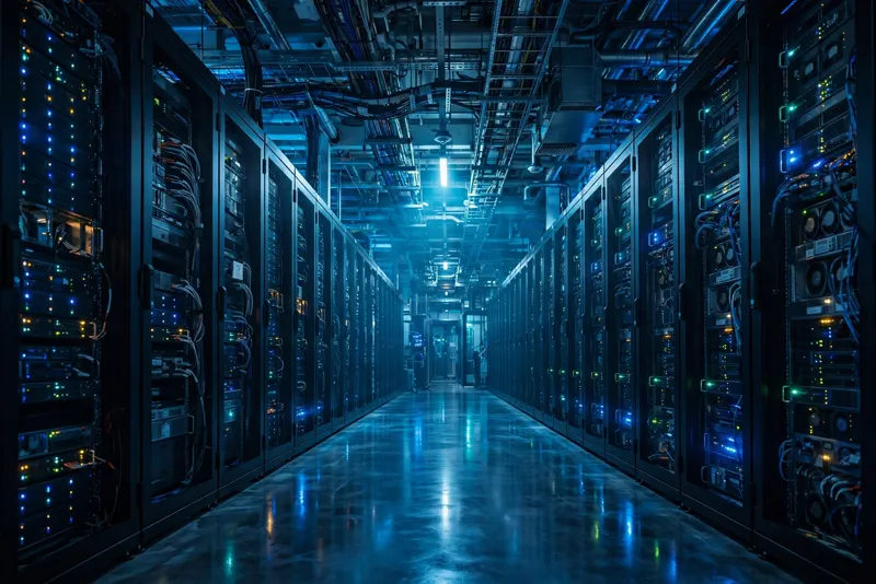 Data center server hallway illustrating AI compute infrastructure