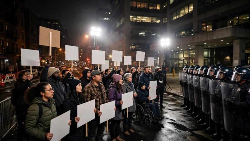 Nighttime street protest outside a Bronx hospital with demonstrators facing police