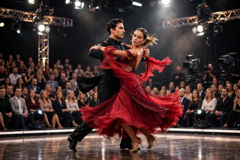 A couple ballroom dancing on a brightly lit televised dance competition stage