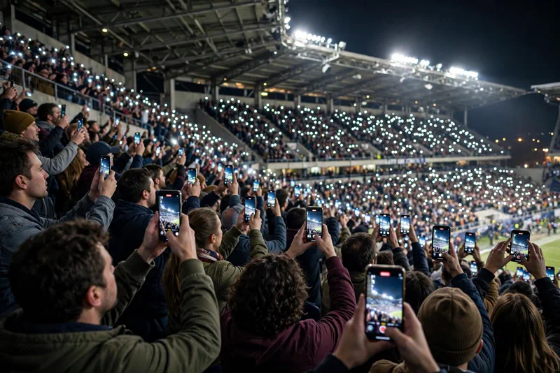 Fans in the stands holding up glowing smartphones recording a moment on the field at night