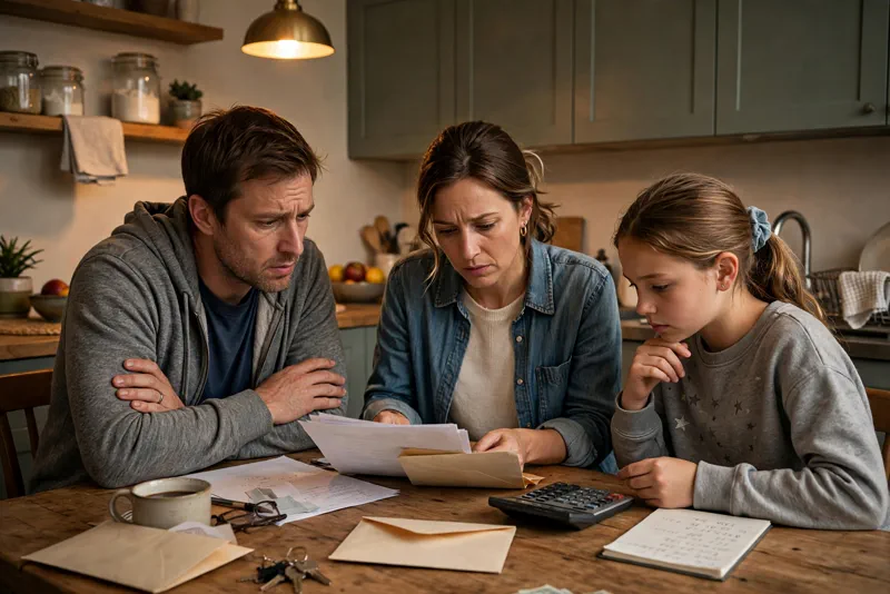 American family reviewing household bills and a calculator at a kitchen table, feeling the effects of the national deficit