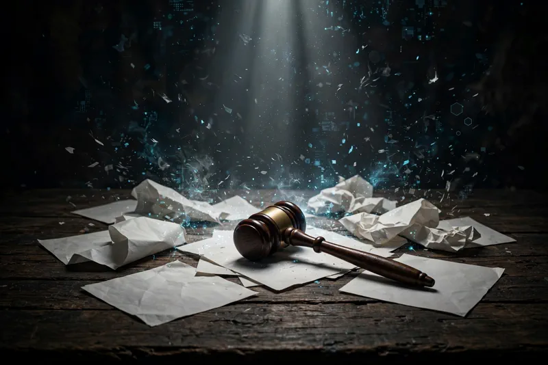 Auction gavel under a spotlight with documents, symbolizing a bankruptcy asset sale