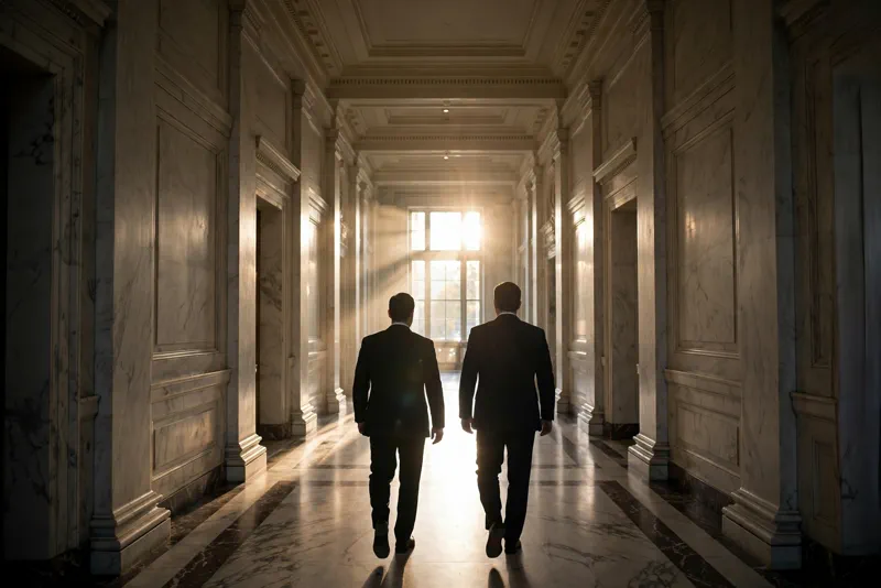 Two federal agents walking down a marble government corridor