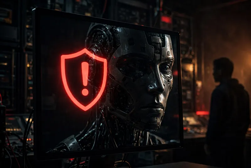 Robotic AI face reflected in a dark monitor displaying a red security warning, with a human silhouette watching from the shadows