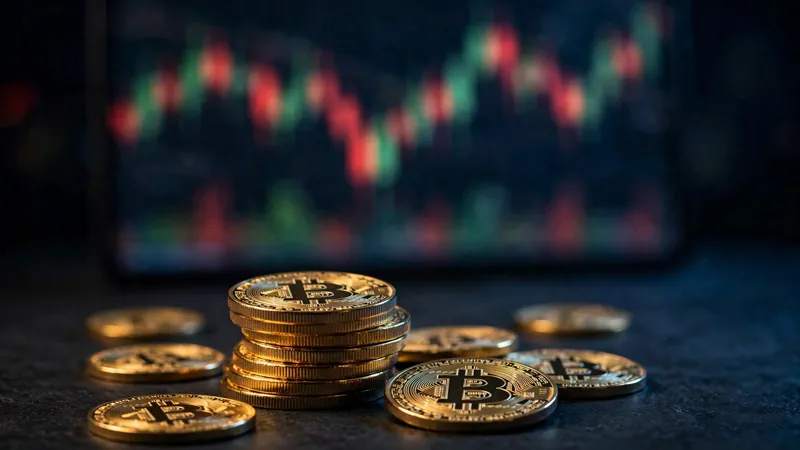 Bitcoin coins in front of a blurred stock market chart screen