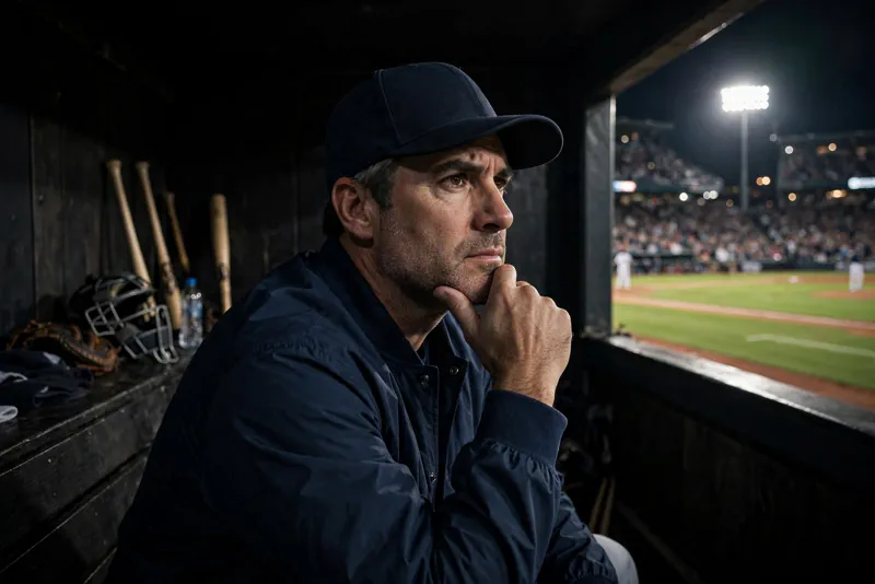 A manager deep in thought in the dugout during a night playoff game