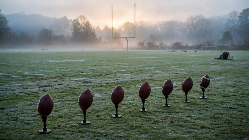 Empty football practice field at sunrise