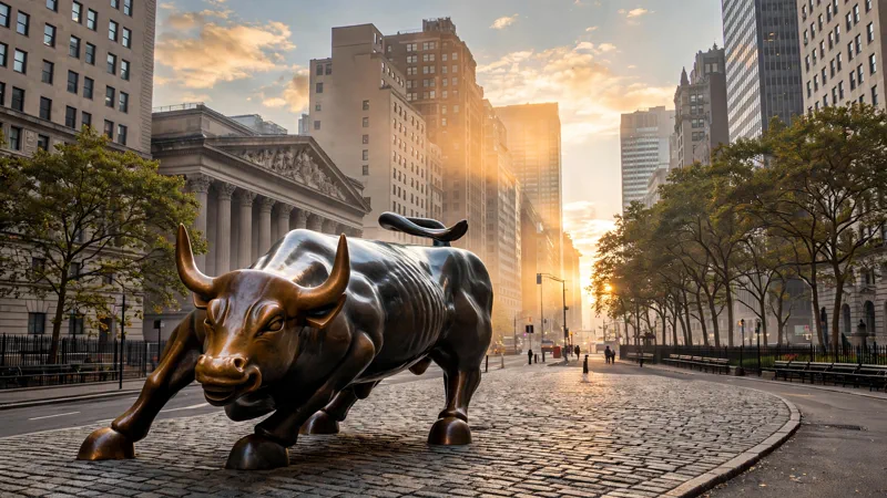 Charging Bull statue on Wall Street at sunrise in lower Manhattan