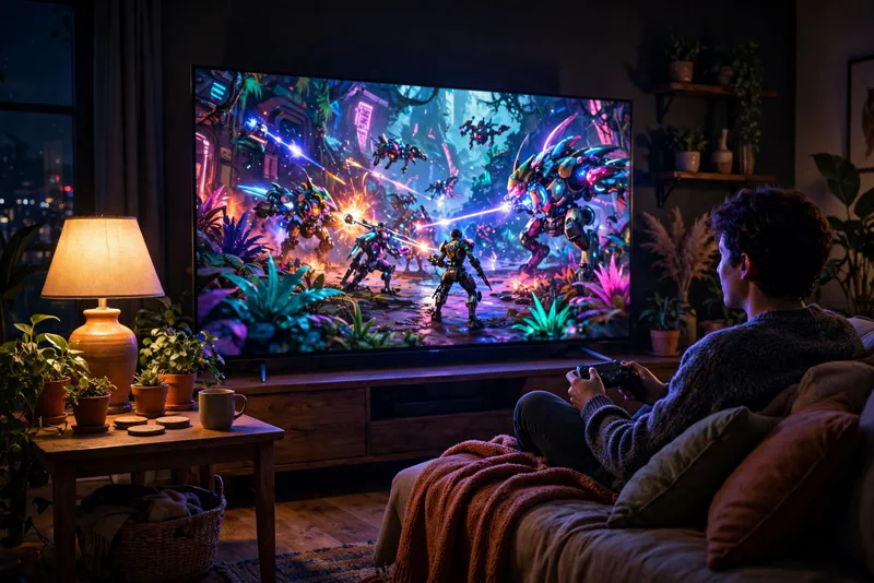 A gamer playing a sci-fi RPG on a big TV in a cozy living room at night