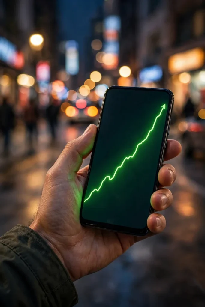 Hand holding smartphone showing a rising stock market chart