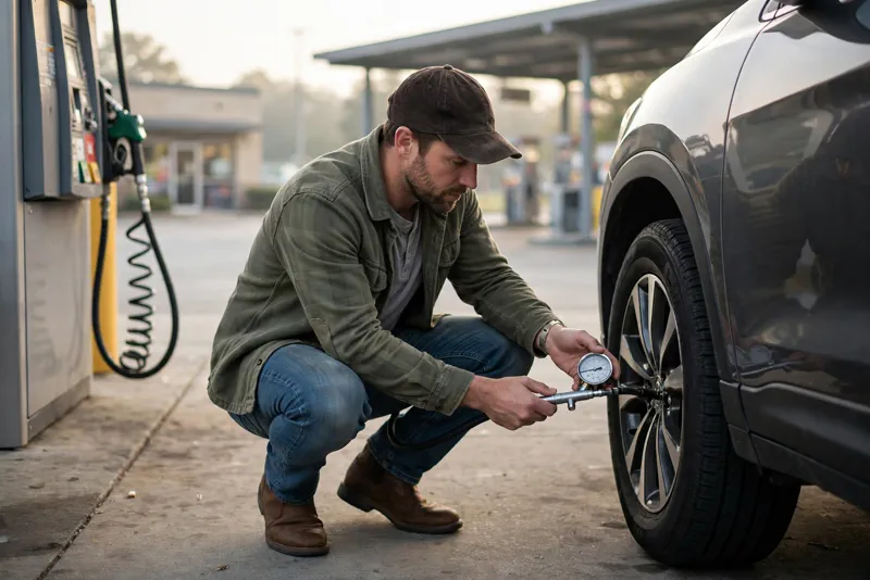 Driver checking tire pressure at a gas station to save fuel