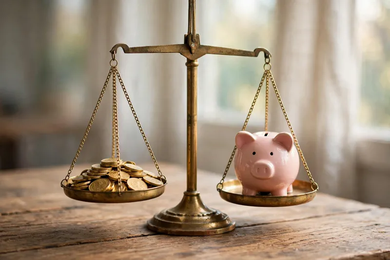 Balance scale weighing gold coins against a piggy bank savings account