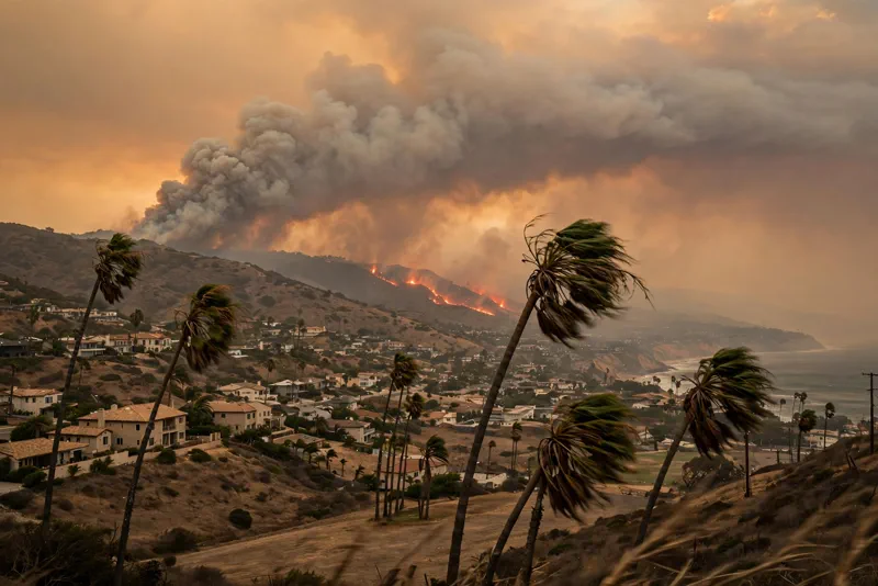 A huge wildfire smoke plume bent sideways by Santa Ana winds over a Southern California coastal hillside