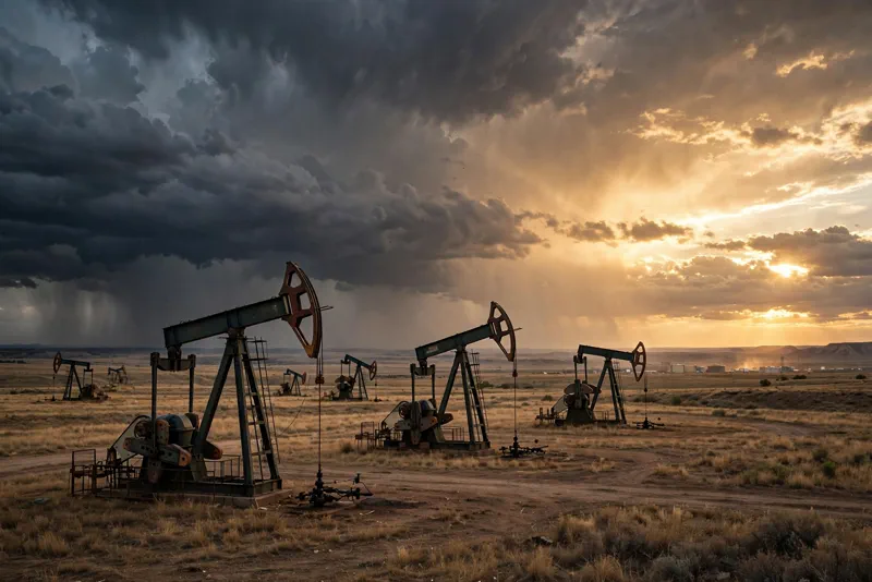 Oil pumpjacks working at dusk under a dramatic sky, as falling crude prices helped lift Tuesday's stock market rally