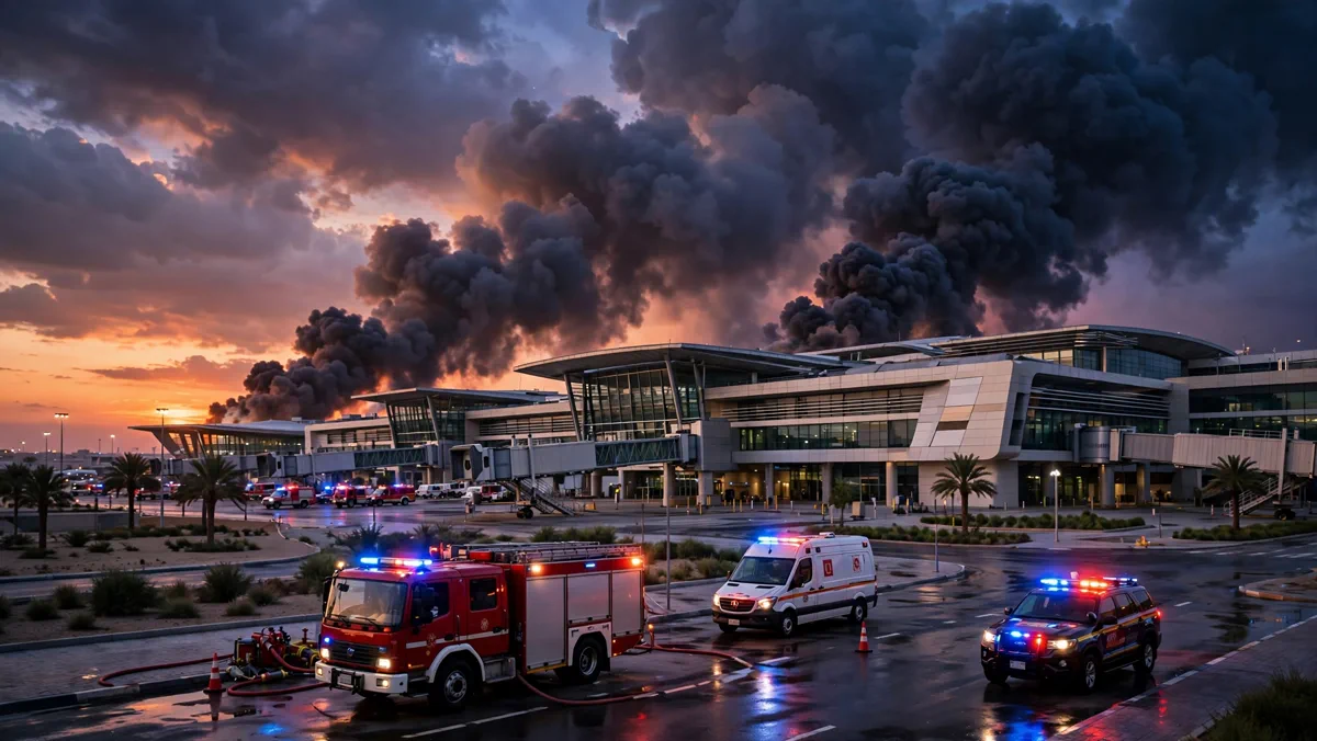 Smoke rising over a modern international airport terminal building at dusk
