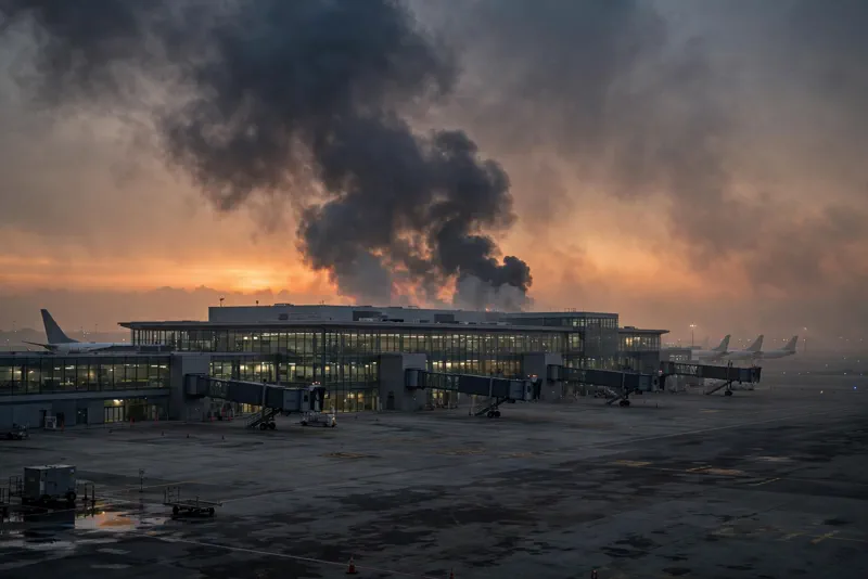 Smoke rising over a modern international airport terminal building at dusk