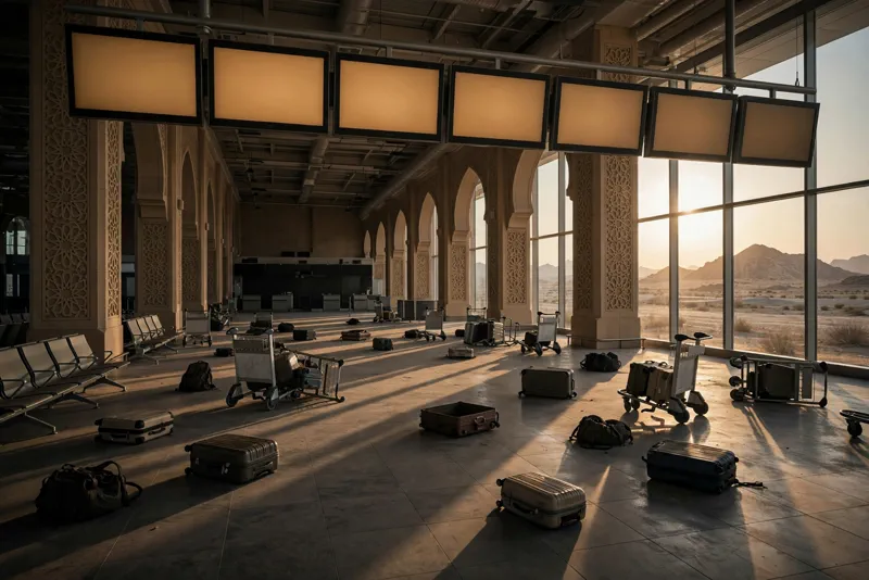 Empty departure hall inside a Middle Eastern airport with abandoned luggage carts