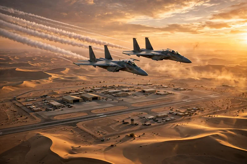 Fighter jets flying over a desert military base at sunset