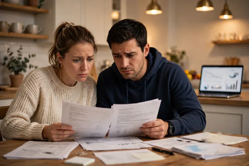A young couple reviews mortgage paperwork at their kitchen table as rates rise