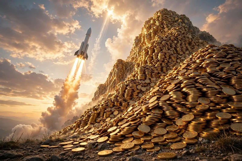 A towering mountain of golden coins under a sunrise sky as a rocket launches past it, symbolizing Elon Musk's return to trillionaire status