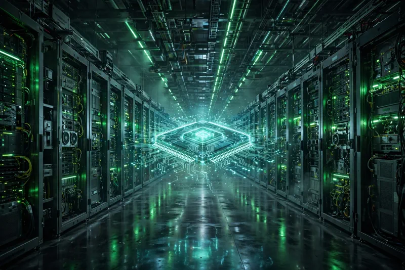 Inside a vast AI data center with glowing green server racks and a luminous computer chip hologram, representing Nvidia's march toward a $6 trillion market cap