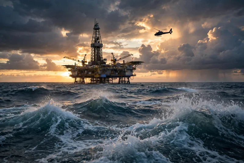 An offshore oil rig at sunrise in the Gulf of Mexico as surging crude prices shake global markets