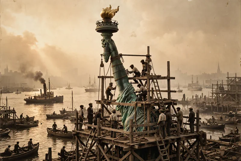Workers raising the Statue of Liberty torch hand on scaffolding in 1886 New York harbor