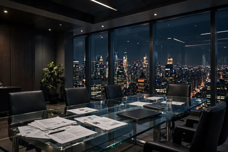A Wall Street investment bank boardroom at night overlooking the Manhattan skyline, where private credit deals for AI hardware are being negotiated