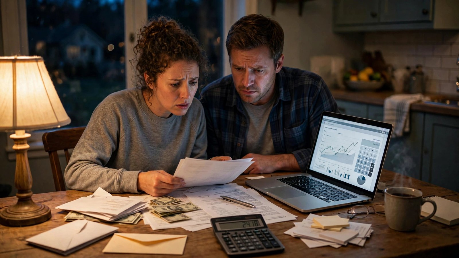 A couple reviewing their monthly budget and mortgage payment at the kitchen table