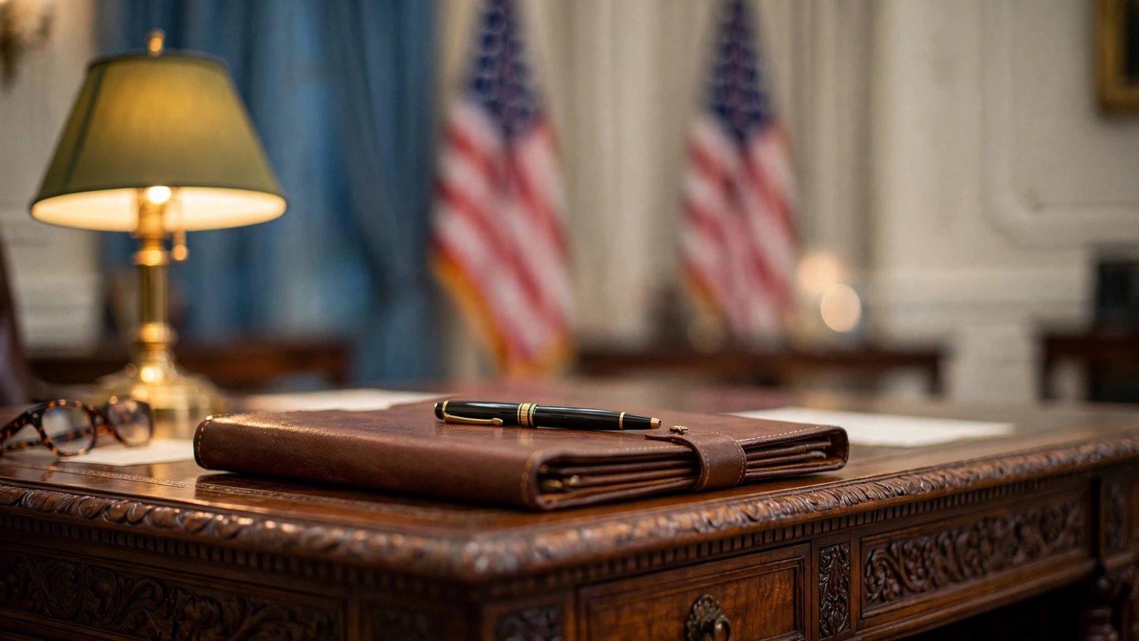 A leather-bound executive order folder and fountain pen on a presidential desk in the Oval Office