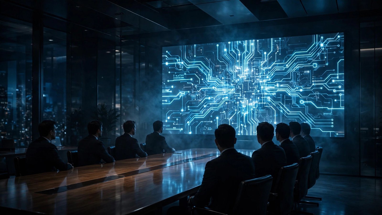Silhouetted tech executives seated around a boardroom table facing a screen of AI circuitry
