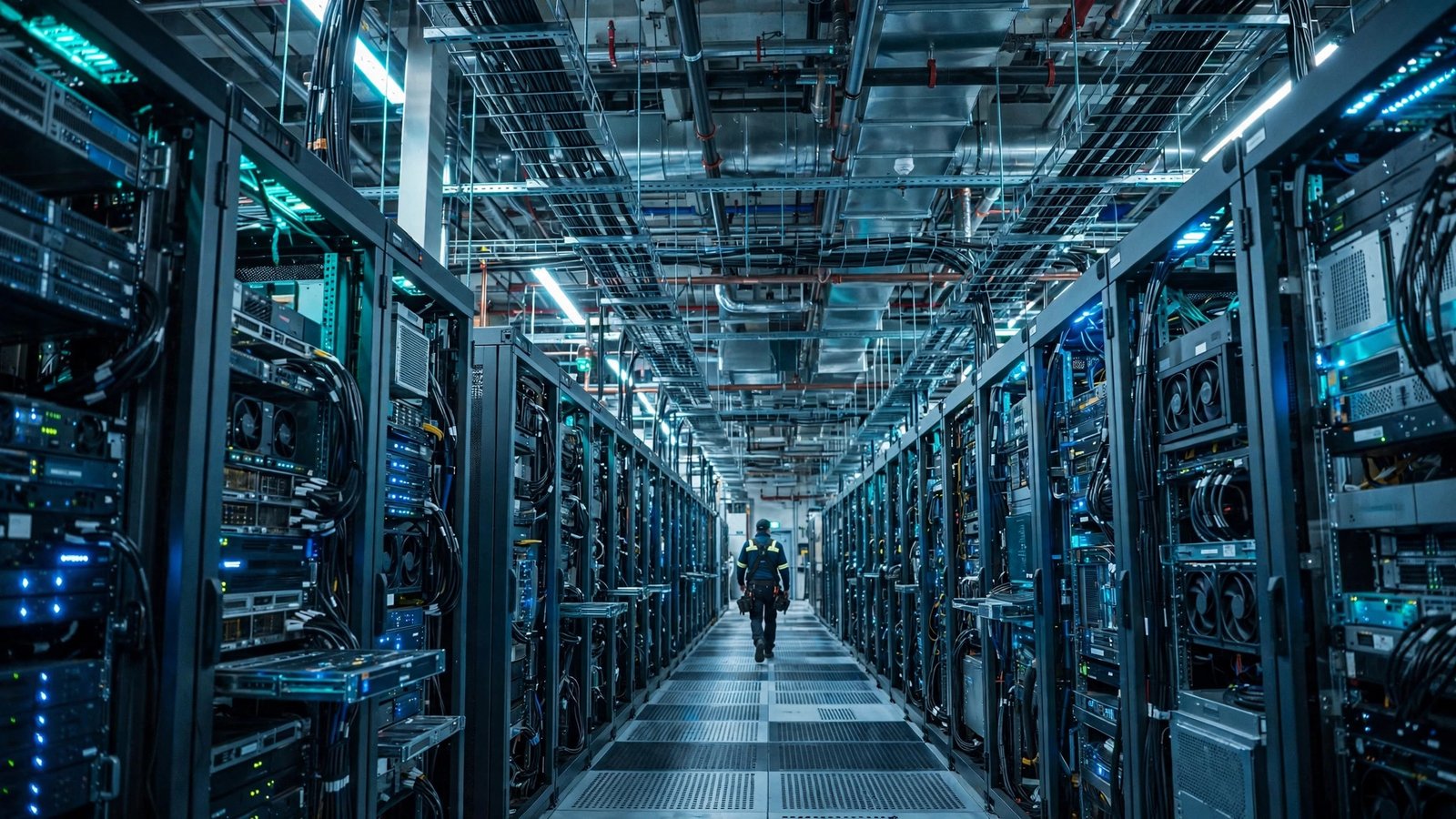 Rows of illuminated server racks inside a large AI data center