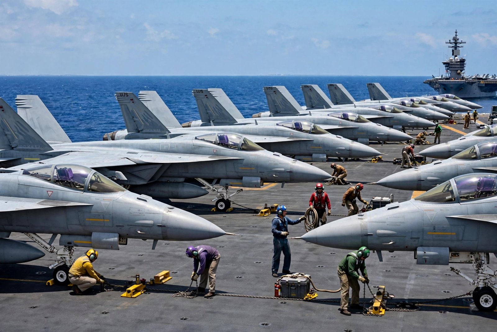 Fighter jets lined up on the flight deck of a US aircraft carrier at sea