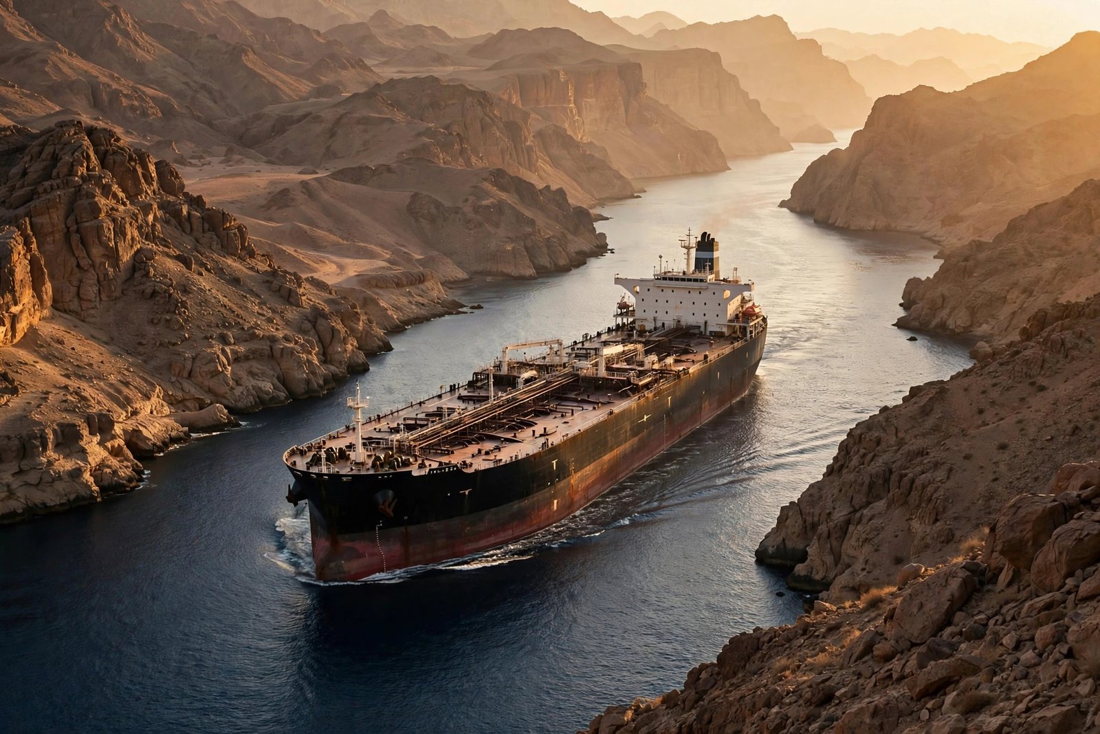 Oil tanker sailing through the Strait of Hormuz at golden hour