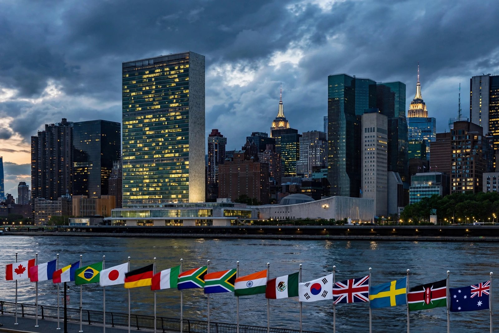 United Nations headquarters in New York City at dusk