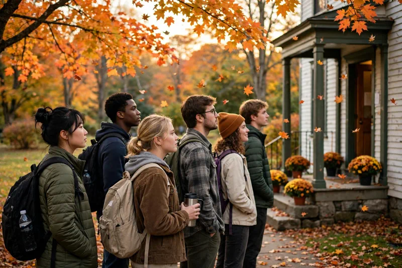 A group of college students in front of a house with autumn leaves, representing the New Hampshire student voters affected by the ID ban